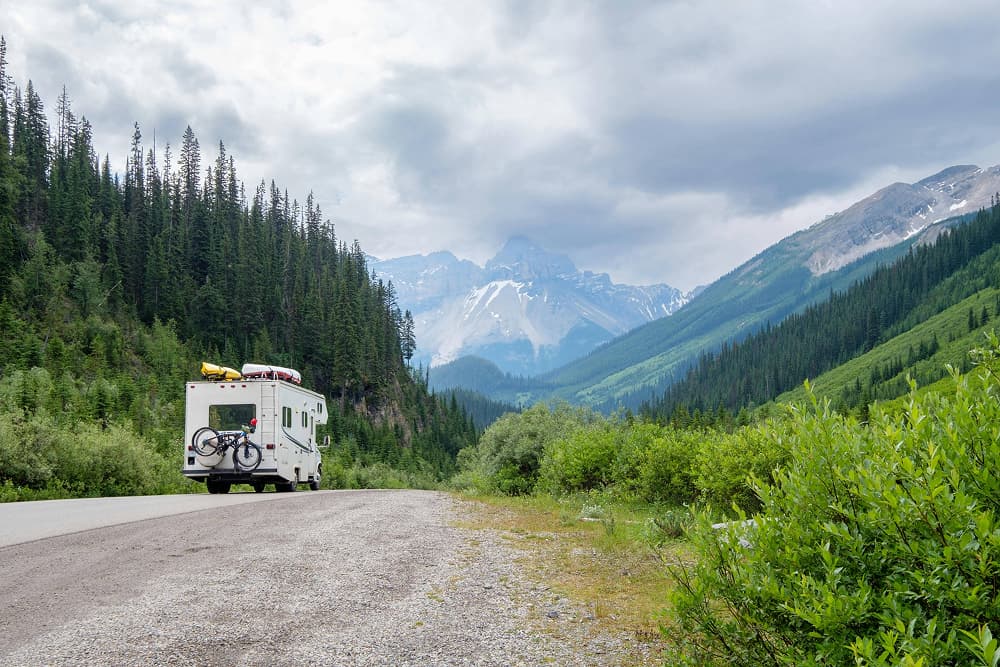 RV in scenic mountain landscape